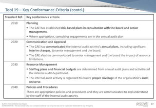 © 2013 Protiviti Middle East Region
CONFIDENTIAL: This document is for your company's internal use only and may not be copied nor distributed to any third party.
87
Standard Ref. Key conformance criteria
2010 Planning
 The CAE has established risk-based plans in consultation with the board and senior
management.
 Where appropriate, consulting engagements are in the annual audit plan
2020 Communication and Approval
 The CAE has communicated the internal audit activity’s annual plans, including significant
interim changes, to senior management and the board.
 The CAE also has communicated to senior management and the board the impact of resource
limitations.
2030 Resource Management
 Staffing plans and financial budgets are determined from annual audit plans and activities of
the internal audit department.
 The internal audit activity is organized to ensure proper coverage of the organization’s audit
universe.
2040 Policies and Procedures
There are appropriate policies and procedures and they are communicated to and understood
by the staff of the internal audit activity.
Tool 19 – Key Conformance Criteria (contd.)
 