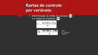 Cartas de controle
por variáveis:
➢ Determinação da média do processo ( )
e a média da amplitude ( )
Onde:
K= número de
subgrupos
 