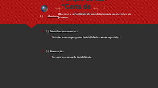 Porque se faz
“Carta de
Controle”?
1.) Monitorar
 Observar a variabilidade de uma determinada característica do
processo;
 2.) Identificar (caracterizar)
Detectar causas que geram instabilidade (causas especiais);
 3.) Tomar ações
Prevenir as causas de instabilidade.
 