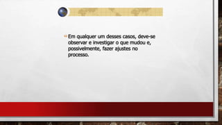 Em qualquer um desses casos, deve-se
observar e investigar o que mudou e,
possivelmente, fazer ajustes no
processo.
 