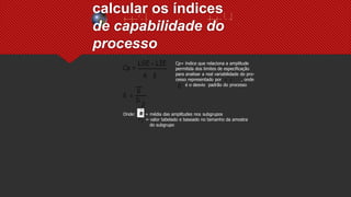 calcular os índices
de capabilidade do
processo
Cp= índice que relaciona a amplitude
permitida dos limites de especificação
para analisar a real variabilidade do pro-
cesso representado por , onde
é o desvio padrão do processo
Onde: = média das amplitudes nos subgrupos
= valor tabelado e baseado no tamanho da amostra
do subgrupo
 