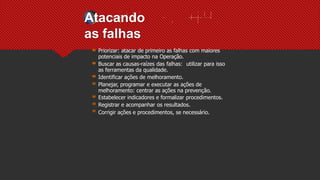 Atacando
as falhas
Priorizar: atacar de primeiro as falhas com maiores
potenciais de impacto na Operação.
Buscar as causas-raízes das falhas: utilizar para isso
as ferramentas da qualidade.
Identificar ações de melhoramento.
Planejar, programar e executar as ações de
melhoramento: centrar as ações na prevenção.
Estabelecer indicadores e formalizar procedimentos.
Registrar e acompanhar os resultados.
Corrigir ações e procedimentos, se necessário.
 