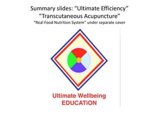 Summary slides: “Ultimate Efficiency”
“Transcutaneous Acupuncture”
“Real Food Nutrition System” under separate cover
 