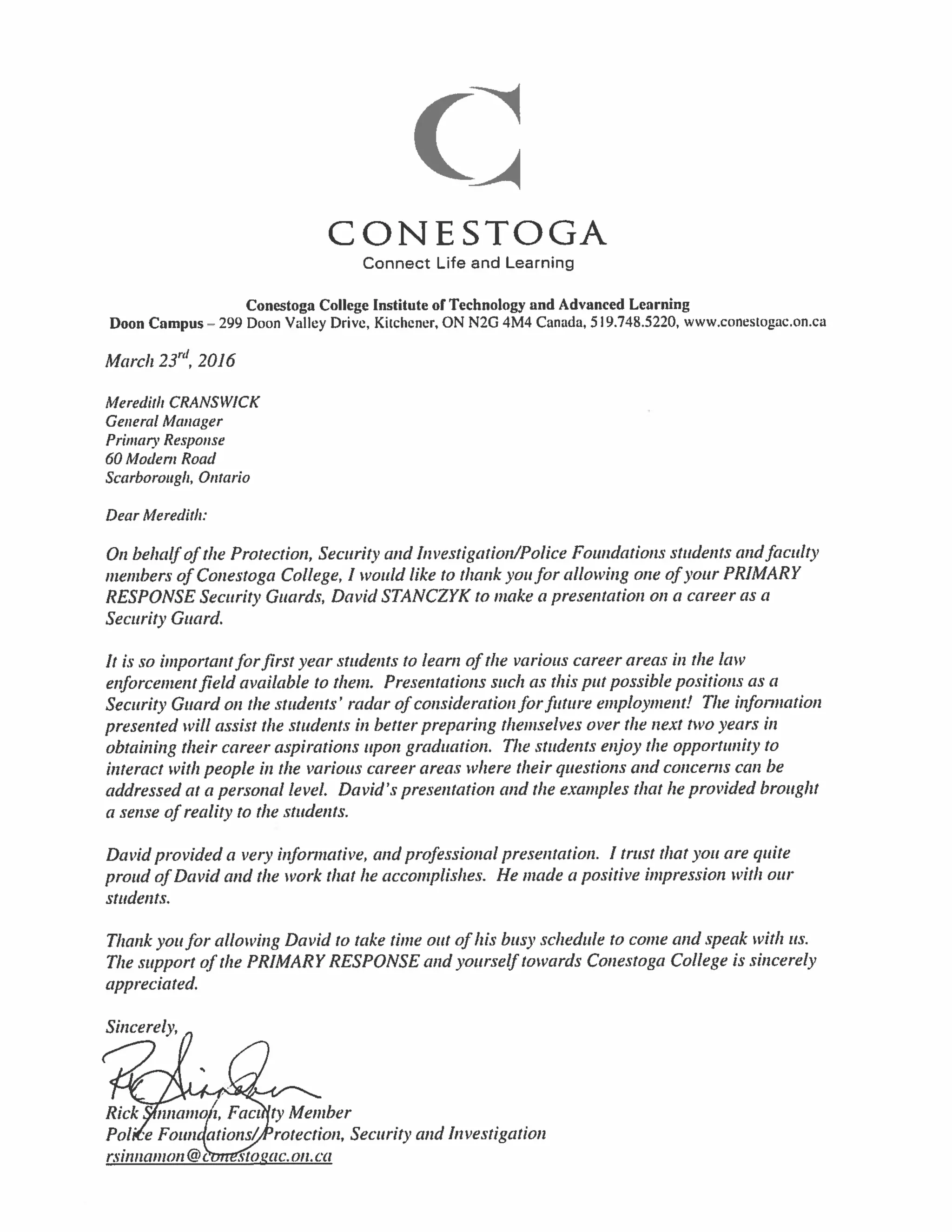 Conestoga Commendation Letter | PDF