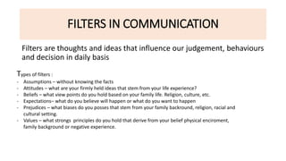 FILTERS IN COMMUNICATION
Filters are thoughts and ideas that influence our judgement, behaviours
and decision in daily basis
Types of filters :
- Assumptions – without knowing the facts
- Attitudes – what are your firmly held ideas that stem from your life experience?
- Beliefs – what view points do you hold based on your family life. Religion, culture, etc.
- Expectations– what do you believe will happen or what do you want to happen
- Prejudices – what biases do you posses that stem from your family backround, religion, racial and
cultural setting.
- Values – what strongs principles do you hold that derive from your belief physical enciroment,
family background or negative experience.
 