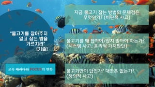 “물고기를 잡아주지
말고 잡는 법을
가르치라”
(기술)
지금 물고기 잡는 방법의 문제점은
무엇인가? (비판적 사고)
물고기를 왜 잡아야/잡지 말아야 하는가?
(시스템 사고, 윤리적 가치판단)
물고기만이 답인가? 대안은 없는가?
(창의적 사고)
교육 패러다임 FOCUS의 변화
 
