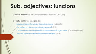 Sub. adjectives: funcions
L’oració inserida sol fer funcions que fa l’adjectiu: CN, Cadj.
El relatiu pot fer les funcions de:
La xiqueta que ha vingut és cosina meua. (subjecte)
Em deixes la ploma que et vaig regalar? (CD)
L'home amb qui compartiré la cambra és molt agradable. (CC companyia)
Tinc uns apunts la lletra dels quals no entenc. (CN)
 