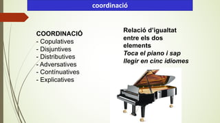 COORDINACIÓ
- Copulatives
- Disjuntives
- Distributives
- Adversatives
- Contínuatives
- Explicatives
coordinació
Relació d’igualtat
entre els dos
elements
Toca el piano i sap
llegir en cinc idiomes
 