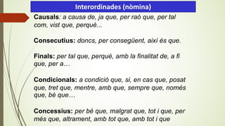 Causals: a causa de, ja que, per raó que, per tal
com, vist que, perquè...
Consecutius: doncs, per consegüent, així és que.
Finals: per tal que, perquè, amb la finalitat de, a fi
que, per a…
Condicionals: a condició que, si, en cas que, posat
que, tret que, mentre, amb que, sempre que, només
que, bé que…
Concessius: per bé que, malgrat que, tot i que, per
més que, altrament, amb tot que, amb tot i que
Interordinades (nòmina)
 