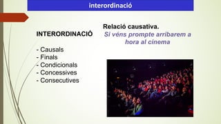 INTERORDINACIÓ
- Causals
- Finals
- Condicionals
- Concessives
- Consecutives
interordinació
Relació causativa.
Si véns prompte arribarem a
hora al cinema
 