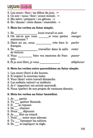 3. Les cours / finir / au début du juin. ->
4. Ce soir / nous / finir / avant minuit. -*
5. Ma mère / préparer / un gâteau.
6. Ils / danser / cette danse / ensemble. -*>
7. Mets les verbes au futur simple.
finir
manger
parler
rester
passer
téléphoner
1. Ils_________________ leurs travail ce soir.
2. Où est-ce que vous _______ si vous partez
maintenant ?
3. Dans un an, n ou s____________ très bien le
français.
4. Ils __________________travailler dans la salle
de lecture.
5. Vous___________ bien vos examens de fran­
çais.
6. Si je suis libre, je vous_______________ .
8. Mets les verbes entre parenthèses au futur simple.
1. Les cours (finir) à dix heures.
2. Il (copier) le nouveau texte.
3. Vous (finir) votre travail dimanche.
4. Les enfants (aimer) ce médecin.
5. Je t’ (apporter) cet article mercredi.
6. Nous (parler) de nos projets de vacances demain.
9. Mets les verbes au futur immédiat.
1. J e partir.
2. T u quitter Donetsk.
3. I l se reposer.
4. Ils chanter.
5. Nous déjeuner.
6. J e être en retard.
7. Vous___ noter mon adresse.
8. T u ___ ramasser les cahiers.
9. Ils m’expliquer la règle.
105
 