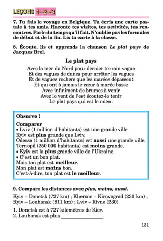7. Tu fais le voyage en Belgique. Tu écris une carte pos­
tale à tes amis. Raconte tes visites, tes activités, tes ren­
contres. Parle du temps qu’il fait. N’oublie pas les formules
de début et de la fin. Lis ta carte à la classe.
A
8. Ecoute, lis et apprends la chanson Le plat pays de
Jacques Brel.
Le plat pays
Avec la mer du Nord pour dernier terrain vague
Et des vagues de dunes pour arrêter les vagues
Et de vagues rochers que les marées dépassent
Et qui ont à jamais le cœur à marée basse
Avec infiniment de brumes à venir
Avec le vent de l’est écoutez-le tenir
Le plat pays qui est le mien.
Observe !
Comparer
• Lviv (1 million d’habitants) est une grande ville.
Kyiv est plus grande que Lviv.
Odessa (1 million d’habitants) est aussi une grande ville.
Ternopil (250 000 habitants) est moins grande.
• Kyiv est la plus grande ville de l’Ukraine.
• C’est un bon plat.
Mais ton plat est meilleur.
Mon plat est moins bon.
C’est-à-dire, ton plat est le meilleur.
9. Compare les distances avecplus, moins, aussi.
Kyiv - Donetsk (727 km) ; Kherson - Kirovograd (230 km) ;
Kyiv - Louhansk (811 km) ; Lviv - Rivne (230)
1. Donetsk est à 727 kilomètres de Kiev.
2. Louhansk est plus__________________ .
131
 