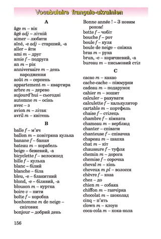 V(ôx§s)MiïEI[ft§
A
âge 171- вік
âgé adj - літній
aimer - любити
aîné, -e adj - старший, -a
aller - йти
ami m - друг
amie f - подруга
an m - рік
anniversaire m - день
народження
août m - серпень
appartement m - квартира
arbre m - дерево
aujourd’hui - сьогодні
automne m - осінь
avec - з
avion m - літак
avril m - квітень
В
balle/- м’яч
ballon m - повітряна кулька
banane f - банан
bateau m - корабель
beige - бежевий, -a
bicyclette f - велосипед
bille f - кулька
blanc - білий
blanche - біла
bleu, -e - блакитний
blond, -e - білявий, -a
blouson m - куртка
boire v - пити
boîte f - коробка
bonhomme m de neige -
сніговик
bonjour - добрий день
Bonne année ! - 3 новим
роком!
botte f - чобіт
bouche/1- рот
boule f - куля
boule de neige - сніжка
bras m - рука
brun, -e - коричневий, -a
bureau т, - письмовий стіл
C
cacao m - какао
cache-cache - піжмурки
cadeau m - подарунок
cahier m - зошит
calculer - рахувати
calculette f - калькулятор
cartable m - портфель
chaise f - стілець
chambre f - кімната
chameau m - верблюд
chanter - співати
chanteuse f - співачка
chapeau m - шапка
chat m - кіт
chaussure f - туфля
chemin m - дорога
chemise f - сорочка
cheval m - кінь
cheveux m pl- волосся
chèvre f - коза
chez - до
chien т, - собака
chiffon m - ганчірка
chocolat m - шоколад
cinq - п’ять
clown m - клоун
coca-cola m - кока-кола
156
 