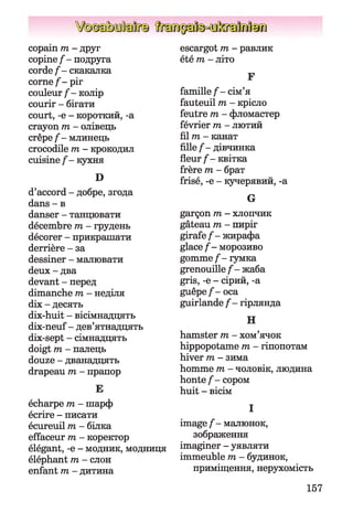 copain m - друг
copine / - подруга
corde / - скакалка
corne / - ріг
couleur/- колір
courir - бігати
court, -e - короткий, -a
crayon m - олівець
crêpe / - млинець
crocodile m - крокодил
cuisine / - кухня
D
d’accord - добре, згода
dans - в
danser - танцювати
décembre m - грудень
décorer - прикрашати
derrière - за
dessiner - малювати
deux - два
devant - перед
dimanche m - неділя
dix - десять
dix-huit - вісімнадцять
dix-neuf- дев’ятнадцять
dix-sept - сімнадцять
doigt m - палець
douze - дванадцять
drapeau m - прапор
Б
écharpe m - шарф
écrire - писати
écureuil m - білка
effaceur т, - коректор
élégant, -e - модник, модниця
éléphant m - слон
enfant m - дитина
escargot m - равлик
été m - літо
F
famille f - сім’я
fauteuil m - крісло
feutre m - фломастер
février m - лютий
fil m - канат
fille f - дівчинка
fleur f - квітка
frère m - брат
frisé, -e - кучерявий, -a
G
garçon m - хлопчик
gâteau m - пиріг
girafe f - жирафа
glace f - морозиво
gomme f - гумка
grenouille f - жаба
gris, -e - сірий, -a
guêpe/- oca
guirlande / - гірлянда
H
hamster m - хом’ячок
hippopotame m - гіпопотам
hiver m - зима
homme m - чоловік, людина
honte / - сором
huit - вісім
І
image / - малюнок,
зображення
imaginer - уявляти
immeuble m - будинок,
приміщення, нерухомість
157
 