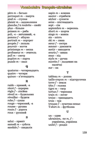 père m - батько
perroquet m - папуга
pied m - ступня
plaisir m - задоволення
planche fk roulette - скейт
plus - більше
poisson m - риба
poli, -e - ввічливий, -a
pomme f - яблуко
portrait m - портрет
poupée f - лялька
pouvoir - могти
printemps m - весна
professeur m - вчитель
pull m - светр
pupitre m - парта
puzzle m - пазл
Q
quatorze - чотирнадцять
quatre - чотири
quinze - п’ятнадцять
R
raide - прямий, -a
récré f - перерва
règle f - лінійка
réveil m - будильник
réveiller - будити
robe f - сукня
rouge - червоний, -a
rousse - русява
route f - дорога
roux - русявий
S
salut - привіт
samedi m - субота
sandale f - сандалія
sapin m - ялинка
sauter - стрибати
sécher - сушити
seize - шістнадцять
sept - сім
septembre m - вересень
short m - шорти
singe m - мавпа
six - шість
ski m - лижа
sœur f - сестра
sonner - дзвонити
sortir - виходити
souris f - миша
sous - під
stylo m - ручка
sucette f - льодяник на
паличці
sur - на
T
tableau m - дошка
taille-crayon m - підстругачка
terre f - земля
tête f - голова
tigre m - тигр
tortue f - черепаха
train m - потяг
treize - тринадцять
trois - три
trousse f - сумочка-пенал
T-shirt m - футболка
U
un - один
ukrainien, -ne m, f -
українець, українка
unité f - розділ
159
 