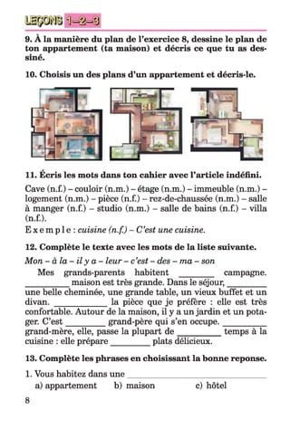 9. À la manière du plan de l’exercice 8, dessine le plan de
ton appartement (ta maison) et décris ce que tu as des-
sine.
10. Choisis un des plans d’un appartement et décris-le.
a
11. Ecris les mots dans ton cahier avec l’article indéfini.
Cave (n.f.) - couloir (n.m.) - étage (n.m.) - immeuble (n.m.) -
logement (n.m.) - pièce (n.f.) - rez-de-chaussée (n.m.) - salle
à manger (n.f.) - studio (n.m.) - salle de bains (n.f.) - villa
(n.f.).
E x e m p l e : cuisine (n.f.) - C’est une cuisine.
12. Complète le texte avec les mots de la liste suivante.
Mon -à la - i l y a - leur - c’est - des - ma - son
Mes grands-parents habitent ________ campagne.
___________ maison est très grande. Dans le séjour,_________
une belle cheminée, une grande table, un vieux buffet et un
divan. _____________ la pièce que je préfère : elle est très
confortable. Autour de la maison, il y a un jardin et un pota­
ger. C’est_________ grand-père qui s’en occupe.___________
grand-mère, elle, passe la plupart d e __________ temps à la
cuisine : elle prépare__________plats délicieux.
13. Complète les phrases en choisissant la bonne reponse.
1. Vous habitez dans une_________________________________
a) appartement b) maison c) hôtel
 