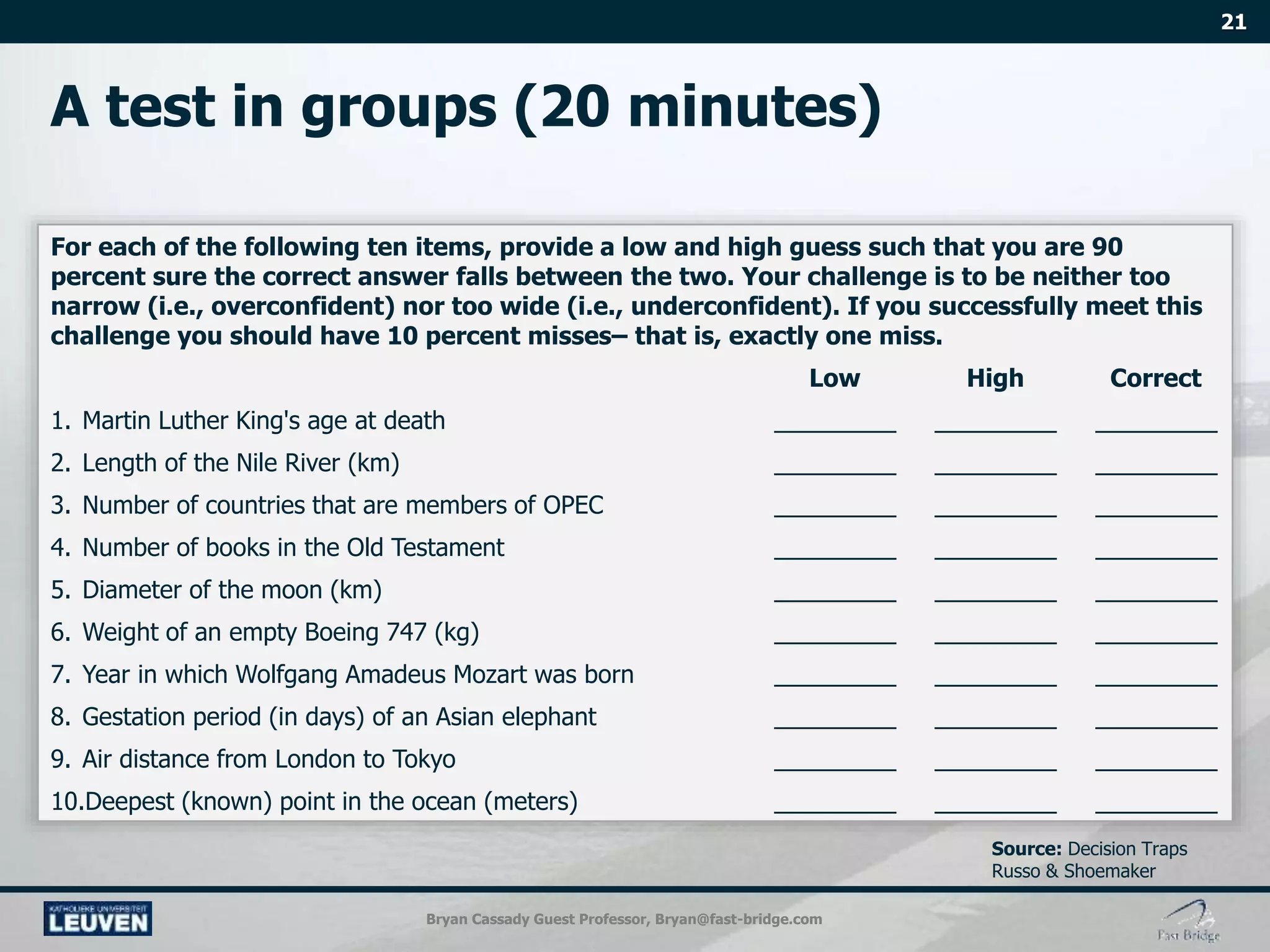 Bryan Cassady Guest Professor, Bryan@fast-bridge.com
For each of the following ten items, provide a low and high guess such that you are 90
percent sure the correct answer falls between the two. Your challenge is to be neither too
narrow (i.e., overconfident) nor too wide (i.e., underconfident). If you successfully meet this
challenge you should have 10 percent misses– that is, exactly one miss.
Low High Correct
1. Martin Luther King's age at death _________ _________ _________
2. Length of the Nile River (km) _________ _________ _________
3. Number of countries that are members of OPEC _________ _________ _________
4. Number of books in the Old Testament _________ _________ _________
5. Diameter of the moon (km) _________ _________ _________
6. Weight of an empty Boeing 747 (kg) _________ _________ _________
7. Year in which Wolfgang Amadeus Mozart was born _________ _________ _________
8. Gestation period (in days) of an Asian elephant _________ _________ _________
9. Air distance from London to Tokyo _________ _________ _________
10.Deepest (known) point in the ocean (meters) _________ _________ _________
 