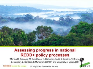 THINKING beyond the canopy
Assessing progress in national
REDD+ policy processes
Monica Di Gregorio, M. Brockhaus, K. Korhonen-Kurki, J. Sehring, T. Cronin,
S. Mardiah, L. Santoso, E.Muharrom (CIFOR and University of Leeds/SRI)
5th May2014– Forest Asia, Jakarta
 