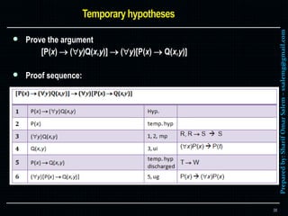Preparedby:SharifOmarSalem–ssalemg@gmail.com
 Prove the argument
[P(x)  (y)Q(x,y)]  (y)[P(x)  Q(x,y)]
 Proof sequence:
38
 