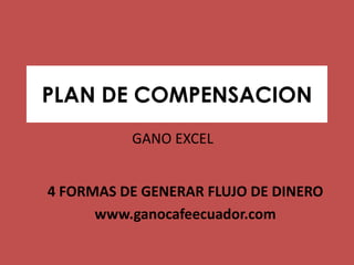 PLAN DE COMPENSACION
          GANO EXCEL


4 FORMAS DE GENERAR FLUJO DE DINERO
      www.ganocafeecuador.com
 