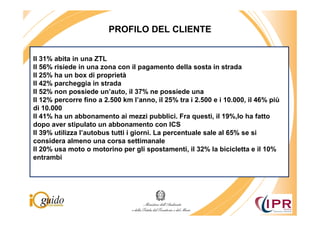 PROFILO DEL CLIENTE


Il 31% abita in una ZTL
Il 56% risiede in una zona con il pagamento della sosta in strada
Il 25% ha un box di proprietà
Il 42% parcheggia in strada
Il 52% non possiede un’auto, il 37% ne possiede una
Il 12% percorre fino a 2.500 km l’anno, il 25% tra i 2.500 e i 10.000, il 46% più
di 10.000
Il 41% ha un abbonamento ai mezzi pubblici. Fra questi, il 19%,lo ha fatto
dopo aver stipulato un abbonamento con ICS
Il 39% utilizza l’autobus tutti i giorni. La percentuale sale al 65% se si
considera almeno una corsa settimanale
Il 20% usa moto o motorino per gli spostamenti, il 32% la bicicletta e il 10%
entrambi
 