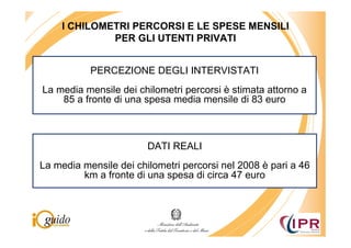 I CHILOMETRI PERCORSI E LE SPESE MENSILI
              PER GLI UTENTI PRIVATI


           PERCEZIONE DEGLI INTERVISTATI
La media mensile dei chilometri percorsi è stimata attorno a
    85 a fronte di una spesa media mensile di 83 euro



                        DATI REALI
La media mensile dei chilometri percorsi nel 2008 è pari a 46
         km a fronte di una spesa di circa 47 euro
 