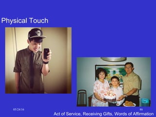 05/24/16 86
Physical Touch
Act of Service, Receiving Gifts, Words of Affirmation
 