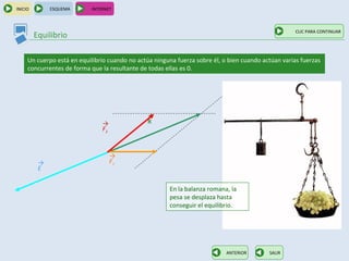 INICIO        ESQUEMA       INTERNET



                                                                                                     CLIC PARA CONTINUAR
         Equilibrio

     Un cuerpo está en equilibrio cuando no actúa ninguna fuerza sobre él, o bien cuando actúan varias fuerzas
     concurrentes de forma que la resultante de todas ellas es 0.




                                                →
                                →               R
                                F2


                                     →
          →                          F1
          E


                                                       En la balanza romana, la
                                                       pesa se desplaza hasta
                                                       conseguir el equilibrio.




                                                                            ANTERIOR       SALIR
 