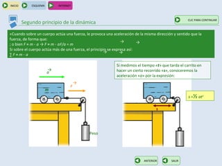 INICIO       ESQUEMA       INTERNET



                                                                                                   CLIC PARA CONTINUAR
         Segundo principio de la dinámica

«Cuando sobre un cuerpo actúa una fuerza, le provoca una aceleración de la misma dirección y sentido que la
fuerza, de forma que:
                                                                →        →
; o bien F = m ⋅ a → F = m ⋅ a F/a = m
Si sobre el cuerpo actúa más de una fuerza, el principio se expresa así:
                                                      →         →
∑F=m⋅ a

                                                           Si medimos el tiempo «t» que tarda el carrito en
                       →                                   hacer un cierto recorrido «s», conoceremos la
                       a
                                                           aceleración «a» por la expresión:
                                      →
                                  F
                       m
                                                                                                   s =½ at2

                                                                                 s




                                            Peso




                                                                          ANTERIOR        SALIR
 