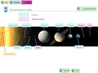 INICIO        ESQUEMA      INTERNET



                                                                                                   CLIC PARA CONTINUAR
          El nuevo Sistema Solar

                                       Planetas

                                       Planetas enanos


          Mercurio       La Tierra                  Júpiter   Saturno         Urano           Plutón       Eris




                Venus       Marte           Ceres                                     Neptuno


El Sol (estrella)




                                                                        ANTERIOR      SALIR
 