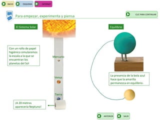 INICIO        ESQUEMA          INTERNET



                                                                               CLIC PARA CONTINUAR
         Para empezar, experimenta y piensa

         El Sistema Solar                                 Equilibrio




 Con un rollo de papel
 higiénico simularemos
 la escala a la que se                    Mercurio
 encuentran los
 planetas del Sol


                                                          La presencia de la bola azul
                                           Venus
                                                          hace que la amarilla
                                                          permanezca en equilibrio.


                                           Tierra

         ¡A 20 metros
         aparecería Neptuno!

                                                     ANTERIOR          SALIR
 