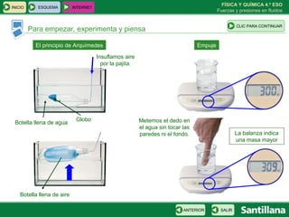 FÍSICA Y QUÍMICA 4.º ESO
INICIO     ESQUEMA          INTERNET
                                                                                           Fuerzas y presiones en fluidos


                                                                                                    CLIC PARA CONTINUAR
         Para empezar, experimenta y piensa

           El principio de Arquímedes                                             Empuje

                                       Insuflamos aire
                                         por la pajita.




                             Globo                        Metemos el dedo en
 Botella llena de agua
                                                          el agua sin tocar las
                                                          paredes ni el fondo.                      La balanza indica
                                                                                                    una masa mayor




    Botella llena de aire

                                                                            ANTERIOR        SALIR
 