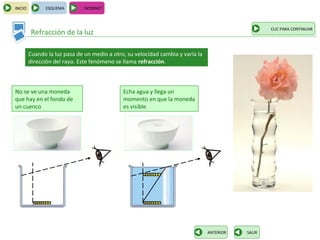 INICIO         ESQUEMA         INTERNET



                                                                                                    CLIC PARA CONTINUAR
          Refracción de la luz

         Cuando la luz pasa de un medio a otro, su velocidad cambia y varía la
         dirección del rayo. Este fenómeno se llama refracción.



No se ve una moneda                           Echa agua y llega un
que hay en el fondo de                        momento en que la moneda
un cuenco                                     es visible




                                                                                 ANTERIOR   SALIR
 