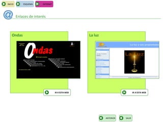 INICIO       ESQUEMA     INTERNET




         Enlaces de interés



    Ondas                                           La luz




                                    IR A ESTA WEB                               IR A ESTA WEB




                                                             ANTERIOR   SALIR
 