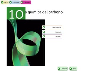INICIO   ESQUEMA    INTERNET




         1O        La química del carbono


                                   PARA EMPEZAR


                                       ESQUEMA


                                       INTERNET




                                                  ANTERIOR   SALIR
 