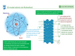 El model atòmic de Rutherford
L’àtom està format per un nucli molt petit
i una escorça. Al nucli hi ha concentrada tota
la càrrega positiva de l’àtom i gairebé
tota la massa; a l’escorça hi ha els electrons
girant al voltant del nucli.
Nucli
Electrons
Tan sols la petitíssima
proporció de partícules
que xoca contra un nucli
és repel·lida i torna
enrere.
Amb el model de Rutherford queda totalment
explicada l’experiència de la làmina d’or.
La major part de
les partícules alfa que
arriben a la làmina d’or
la travessen sense
desviar-se, ja que no
troben cap obstacle.
Una petita part de
les partícules passa
a prop d’un nucli i es
desvia de trajectòria.
CLICA PER CONTINUAR
 