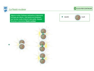 La fissió nuclear
Alguns nuclis d’isòtops radioactius d’elements
formats per àtoms molt grans es divideixen
per formar nuclis d’àtoms més petits. Aquest
fenomen s’anomena fissió nuclear.
neutró nucli
CLICA PER CONTINUAR
 