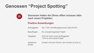 Genossen “Project Spotting”
Genossen halten die Ohren offen/ schauen aktiv
nach neuen Projekten.
Positive Auswirkungen
Auftraggeber: Nur +10% Vermittlungsprovision statt 20-25%
Beauftragter: Ein umsatzbringendes Projekt
Tippgeber: 0,5% für einen neuen Auftraggeber
1,5% für eine neues Projekt
4freelance: Umsatz und eine Chance, den Kunden an sich zu
binden
 