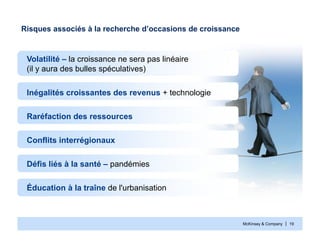McKinsey & Company | 19
Risques associés à la recherche d’occasions de croissance
Volatilité – la croissance ne sera pas linéaire
(il y aura des bulles spéculatives)
Inégalités croissantes des revenus + technologie
Raréfaction des ressources
Conflits interrégionaux
Défis liés à la santé – pandémies
Éducation à la traîne de l'urbanisation
 