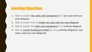 Learning Objectives
1. Able to explain the rules and component of a use case and use-
case diagram
2. Able to explain how to create use case and use-case diagram
3. Able to explain the rules and component of an activity diagram
4. Able to create functional model by using activity diagrams, use
cases, and use-case diagrams
 