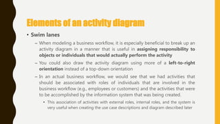 Elements of an activity diagram
• Swim lanes
– When modeling a business workflow, it is especially beneficial to break up an
activity diagram in a manner that is useful in assigning responsibility to
objects or individuals that would actually perform the activity
– You could also draw the activity diagram using more of a left-to-right
orientation instead of a top-down orientation
– In an actual business workflow, we would see that we had activities that
should be associated with roles of individuals that are involved in the
business workflow (e.g., employees or customers) and the activities that were
to be accomplished by the information system that was being created.
• This association of activities with external roles, internal roles, and the system is
very useful when creating the use case descriptions and diagram described later
 