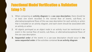 Functional Model Verification & Validation
(step 1-7)
1. When comparing an activity diagram to a use case description, there should be
at least one event recorded in the normal flow of events, sub-flows, or
alternative/exceptional flows of the use-case description for each activity or action
that is included on an activity diagram, and each event should be associated with
an activity or action
2. All objects portrayed as an object node in an activity must be mentioned in an
event in the normal flow of events, sub-flows, or alternative/exceptional flows of
the use-case description.
3. Sequential order of the events in a use-case description should occur in the
same sequential order of the activities contained in an activity diagram
 
