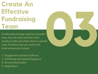 03
Create An
Effective
Fundraising
Team
Fundraising strategy requires an expert
team. Recruit team members with
standout s...