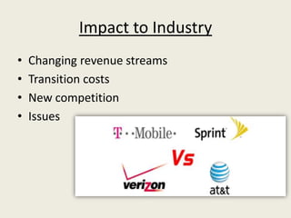Impact to Industry
•   Changing revenue streams
•   Transition costs
•   New competition
•   Issues
 