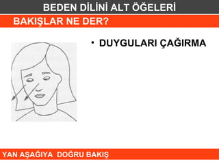 BEDEN DİLİNİ ALT ÖĞELERİ
  BAKIŞLAR NE DER?

                   • DUYGULARI ÇAĞIRMA




YAN AŞAĞIYA DOĞRU BAKIŞ
 