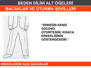 BEDEN DİLİNİ ALT ÖĞELERİ
  BACAKLAR VE OTURMA ŞEKİLLERİ


                    “ERKEĞİN KENDİ
                    GÜCÜNÜ,
                    OTORİTESİNİ, KISACA
                    ERKEKLİĞİNİN
                    GÖSTERGESİDİR.”




ERKEKLERDE AÇIK BACAKLAR
 