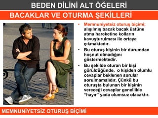 BEDEN DİLİNİ ALT ÖĞELERİ
  BACAKLAR VE OTURMA ŞEKİLLERİ
                        •   Memnuniyetsiz oturuş biçimi;
                            alışılmış bacak bacak üstüne
                            atma hareketine kolların
                            kavuşturulması ile ortaya
                            çıkmaktadır.
                        •   Bu oturuş kişinin bir durumdan
                            hoşnut olmadığını
                            göstermektedir.
                        •   Bu şekilde oturan bir kişi
                            görüldüğünde, o kişiden olumlu
                            cevaplar beklenen sorular
                            sorulmamalıdır. Çünkü bu
                            oturuşta bulunan bir kişinin
                            vereceği cevaplar genellikle
                            “hayır” yada olumsuz olacaktır.


MEMNUNİYETSİZ OTURUŞ BİÇİMİ
 