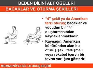 BEDEN DİLİNİ ALT ÖĞELERİ
  BACAKLAR VE OTURMA ŞEKİLLERİ

                      • “4” şekli ya da Amerikan
                        tarzı oturuş; bacaklar ve
                        vücudun bir “4”
                        oluşturmasından
                        kaynaklanmaktadır.
                      • Kaynağını Amerikan
                        kültüründen alan bu
                        oturuş şekli tartışmalı
                        veya rekabet içeren bir
                        tavrın varlığını gösterir.
MEMNUNİYETSİZ OTURUŞ BİÇİMİ
 