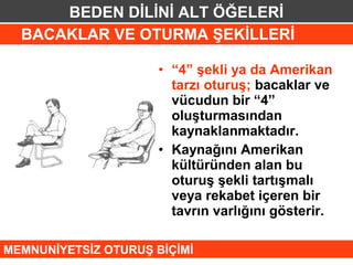 BEDEN DİLİNİ ALT ÖĞELERİ
  BACAKLAR VE OTURMA ŞEKİLLERİ

                      • “4” şekli ya da Amerikan
                        tarzı oturuş; bacaklar ve
                        vücudun bir “4”
                        oluşturmasından
                        kaynaklanmaktadır.
                      • Kaynağını Amerikan
                        kültüründen alan bu
                        oturuş şekli tartışmalı
                        veya rekabet içeren bir
                        tavrın varlığını gösterir.

MEMNUNİYETSİZ OTURUŞ BİÇİMİ
 
