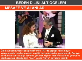 BEDEN DİLİNİ ALT ÖĞELERİ
   MESAFE VE ALANLAR




Ünlü sunucu Erkan Yol aç yıllar önce TRT’de yaptığı “evet-hayır”
yarışmasında merhem alanın verdiği huzursuzluktan yararlanırdı. Soruyu
sorduktan sonra kişiyi kendine çekerek kişinin mahrem alanına girerdi ve
kişi huzursuz olduğu için “evet” ya da “hayır” cevabını verirdi.
 